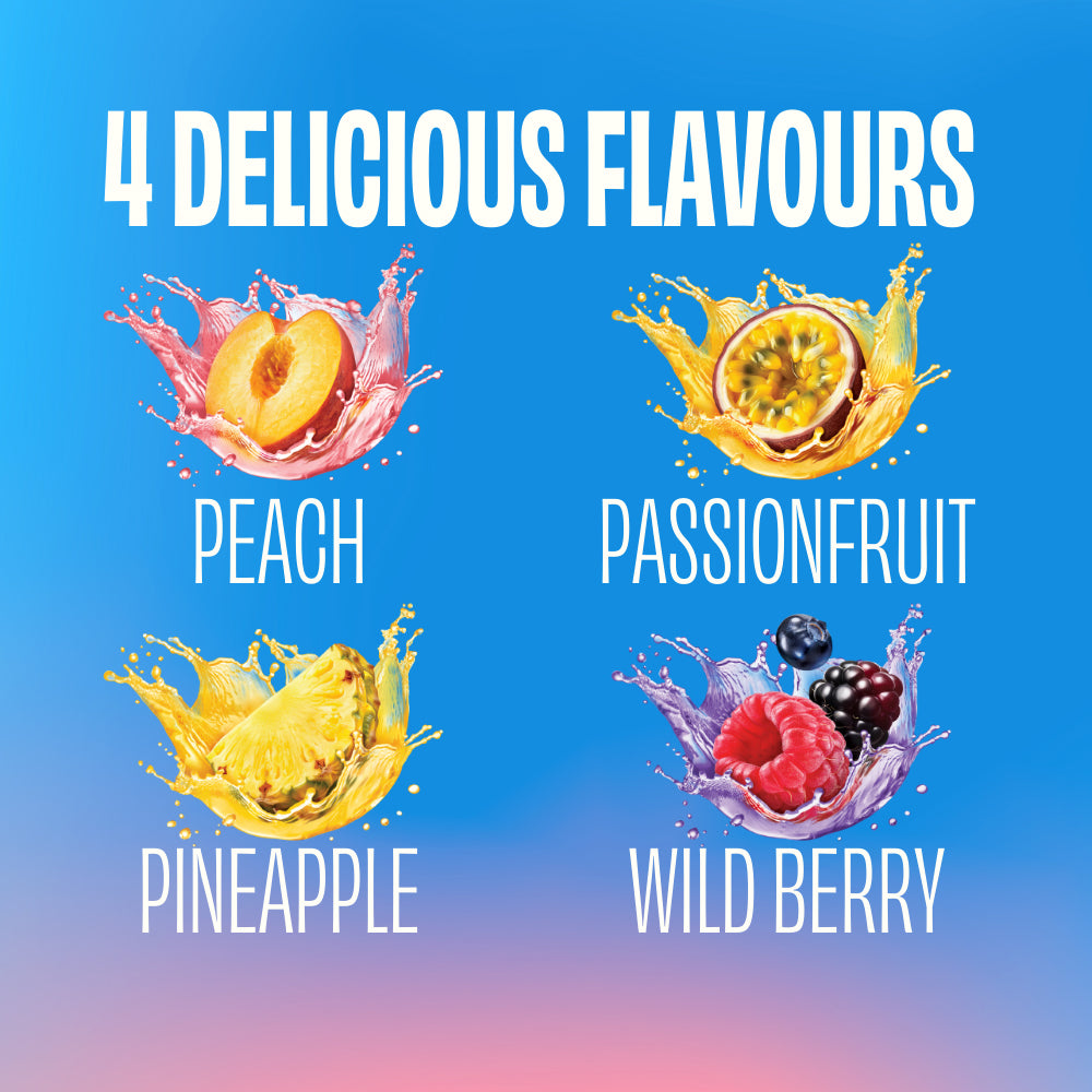 4 Declicious Flavours. Peach, Passionfruit, Pineapple, Wild Berry.