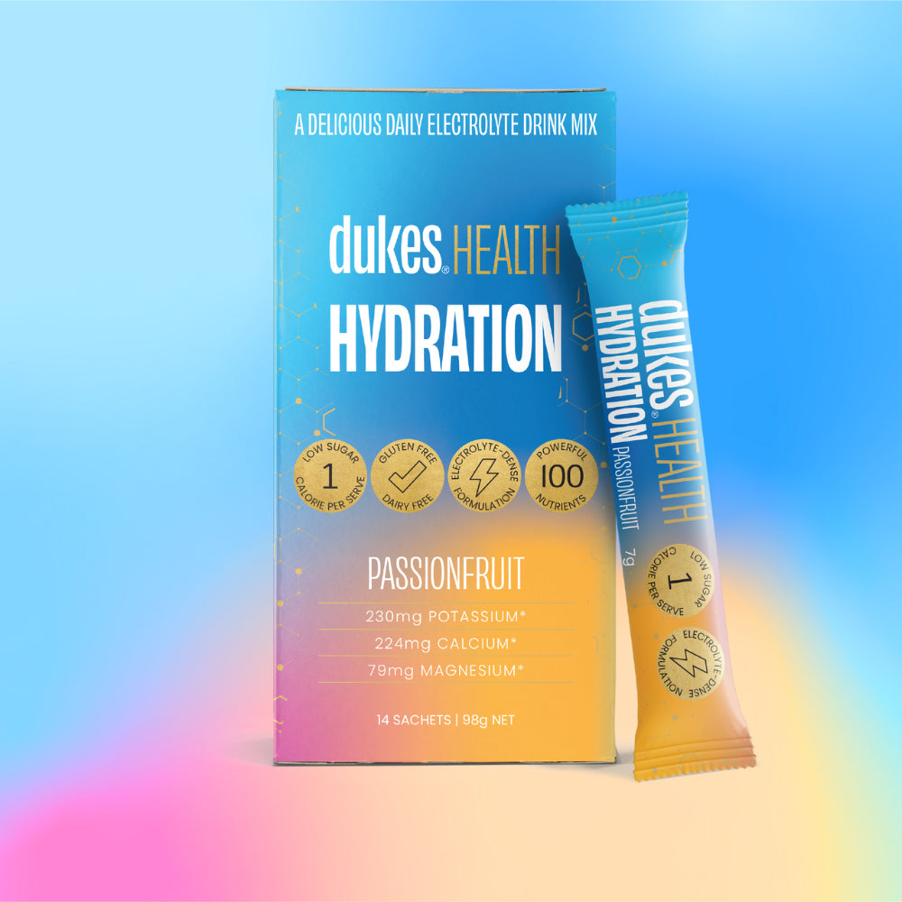 14 Sachet Box of Dukes Health Hydration Passionfruit Flavour.