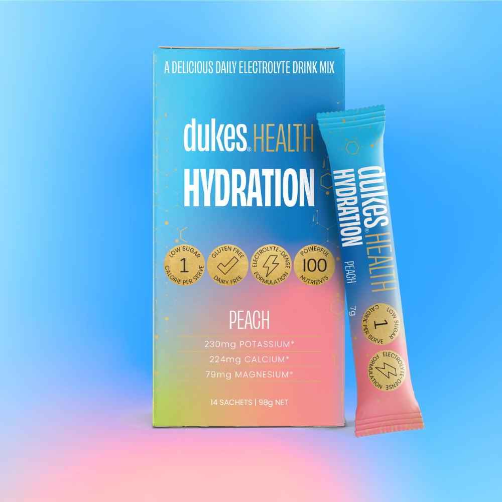 14 Sachet Box of Dukes Health Hydration Peach Flavour.