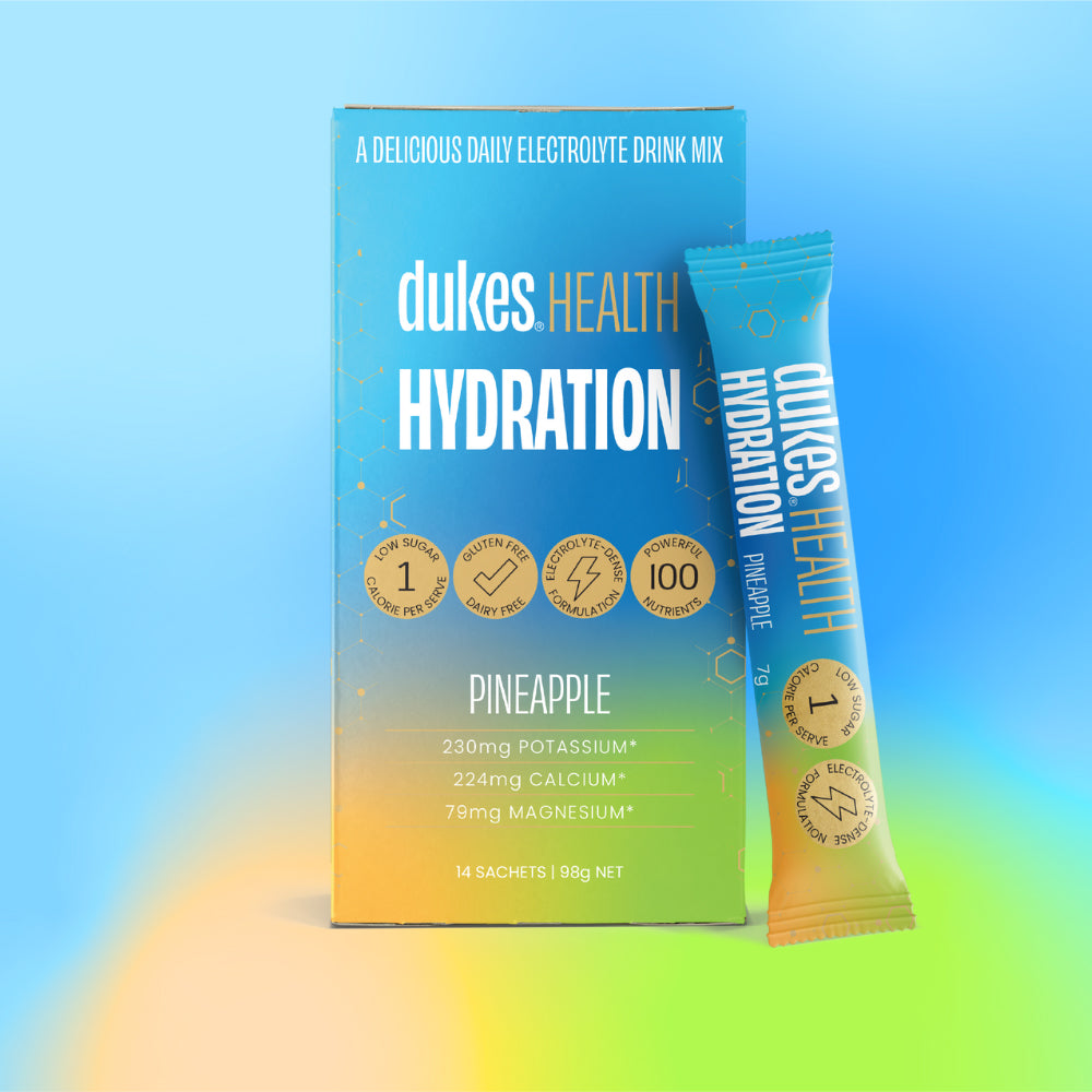 14 Sachet Box of Dukes Health Hydration Pineapple Flavour.