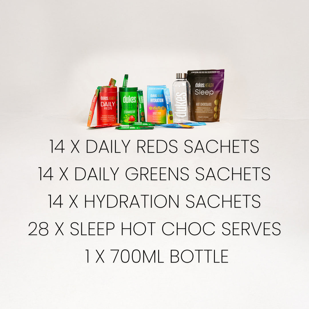 14 Daily Reds Sachets, 14 Daily Greens Sachets, 14 Hydration Sachets, 28 Sleep Hot Chocolate serves and 1 700ml Hydration Bottle.