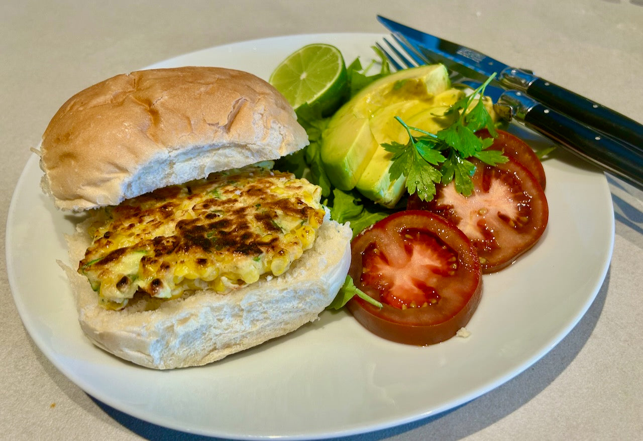 Corn and Zucchini Fritter Burgers