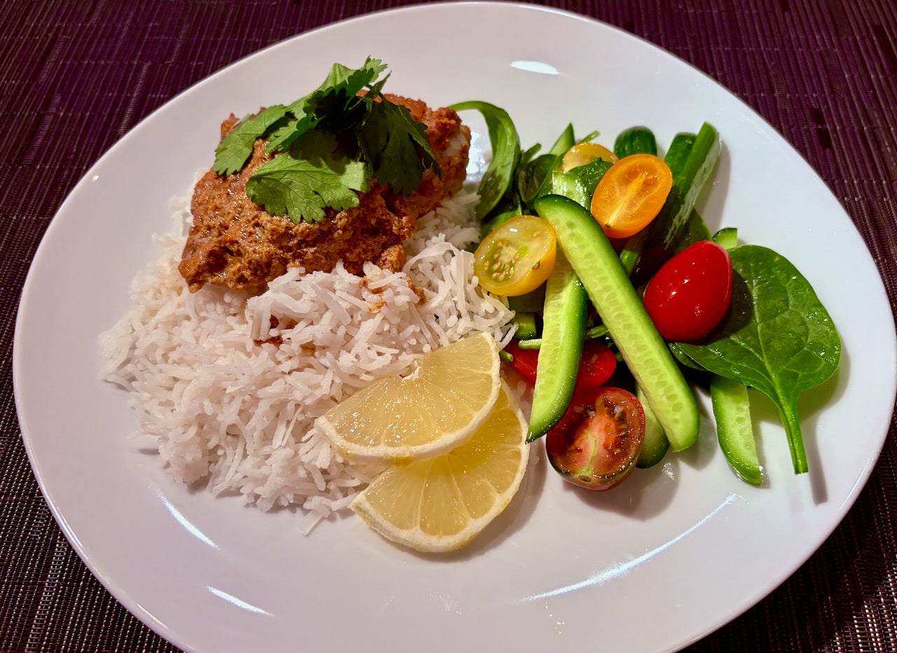 Spicy indian yoghurt chicken with coconut rice