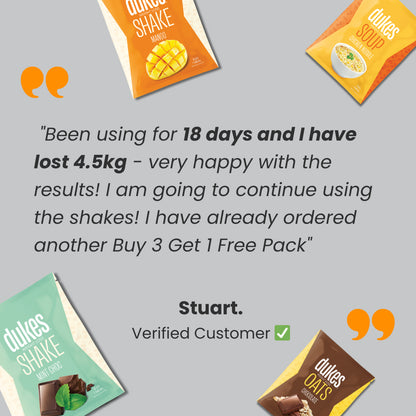 Customer Testimonial: "Been using for 18 days and I have lost 4.5kg - very happy with the results! I am going to continue using the Shakes! I have already ordered another Buy 3 Get 1 Free Pack" - Stuart, verified customer